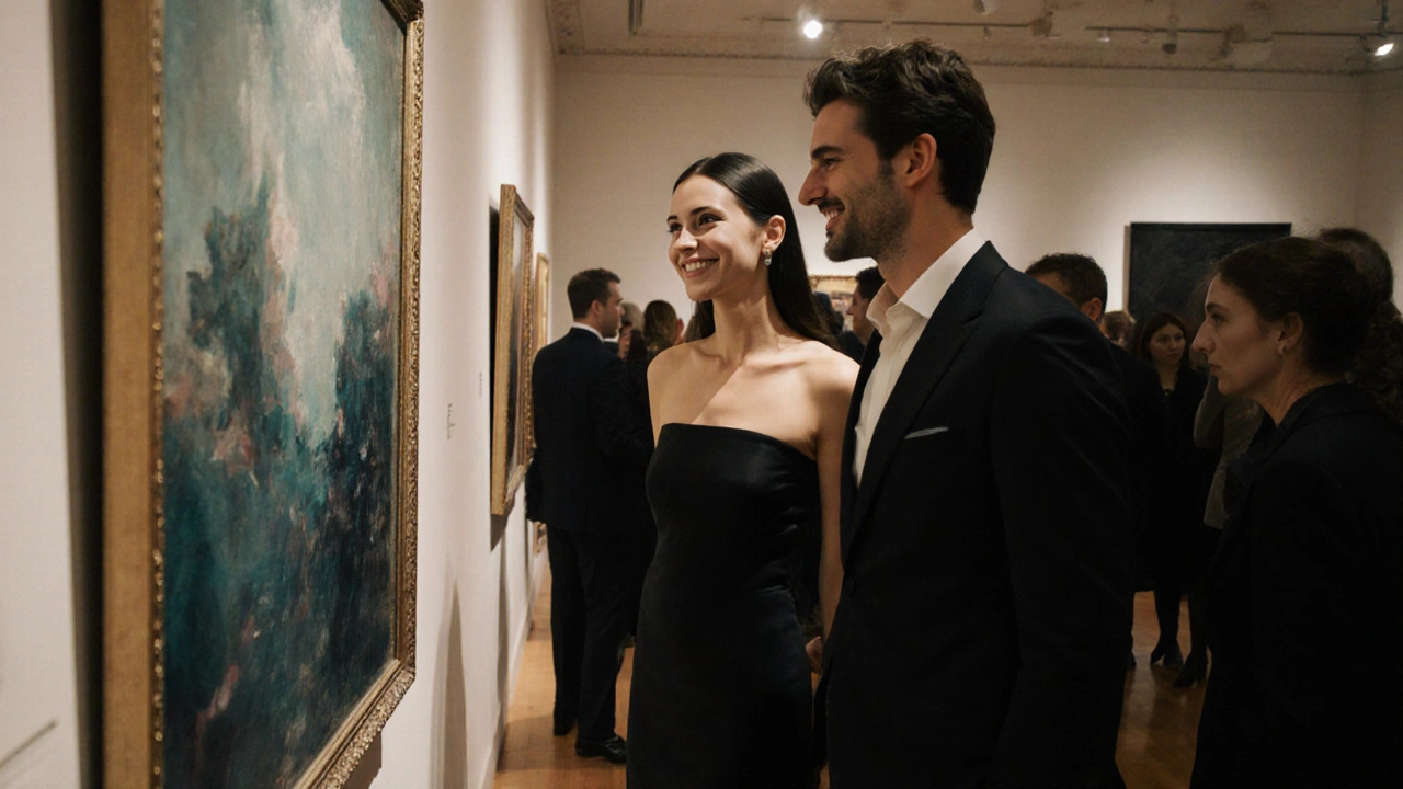 A man and woman blending into an art gallery crowd in Mayfair, exuding quiet elegance and connection.
