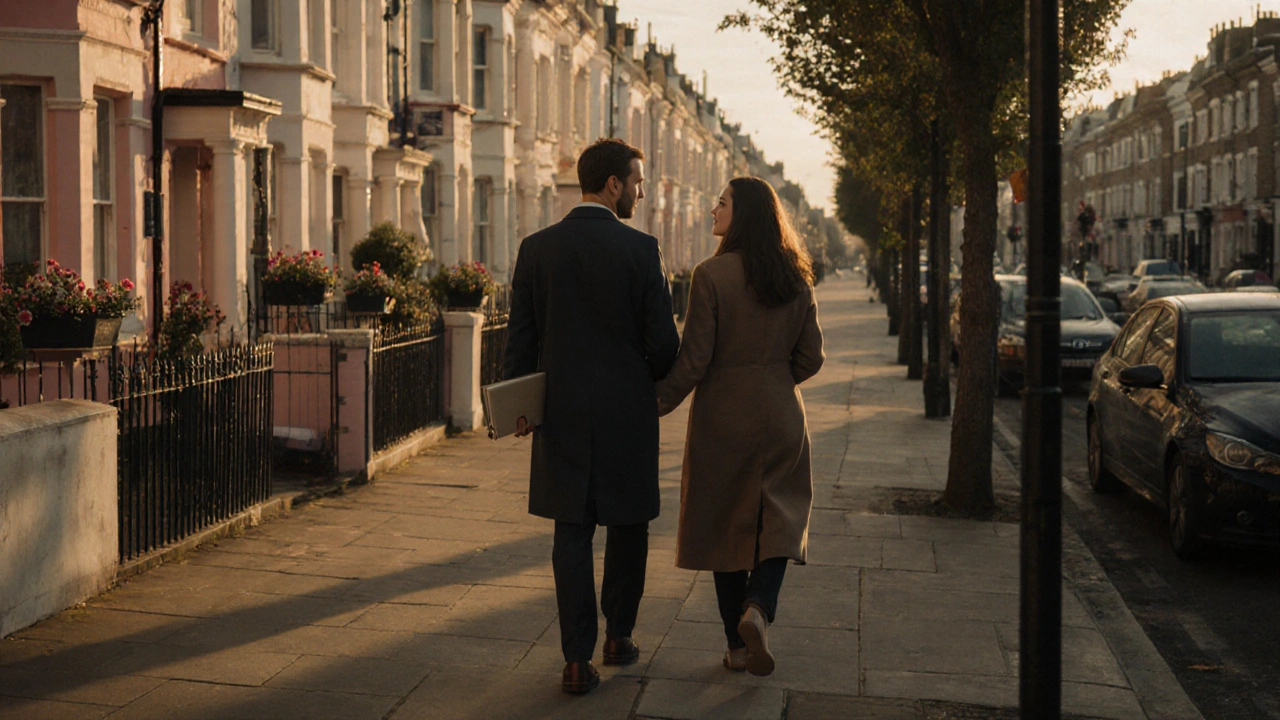A man and woman walking peacefully in Notting Hill, sharing quiet conversation at golden hour.