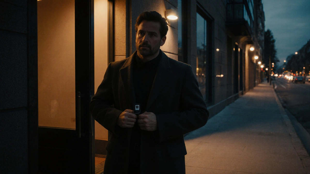 A man leaving a building at dusk, personal alarm visible on his belt.