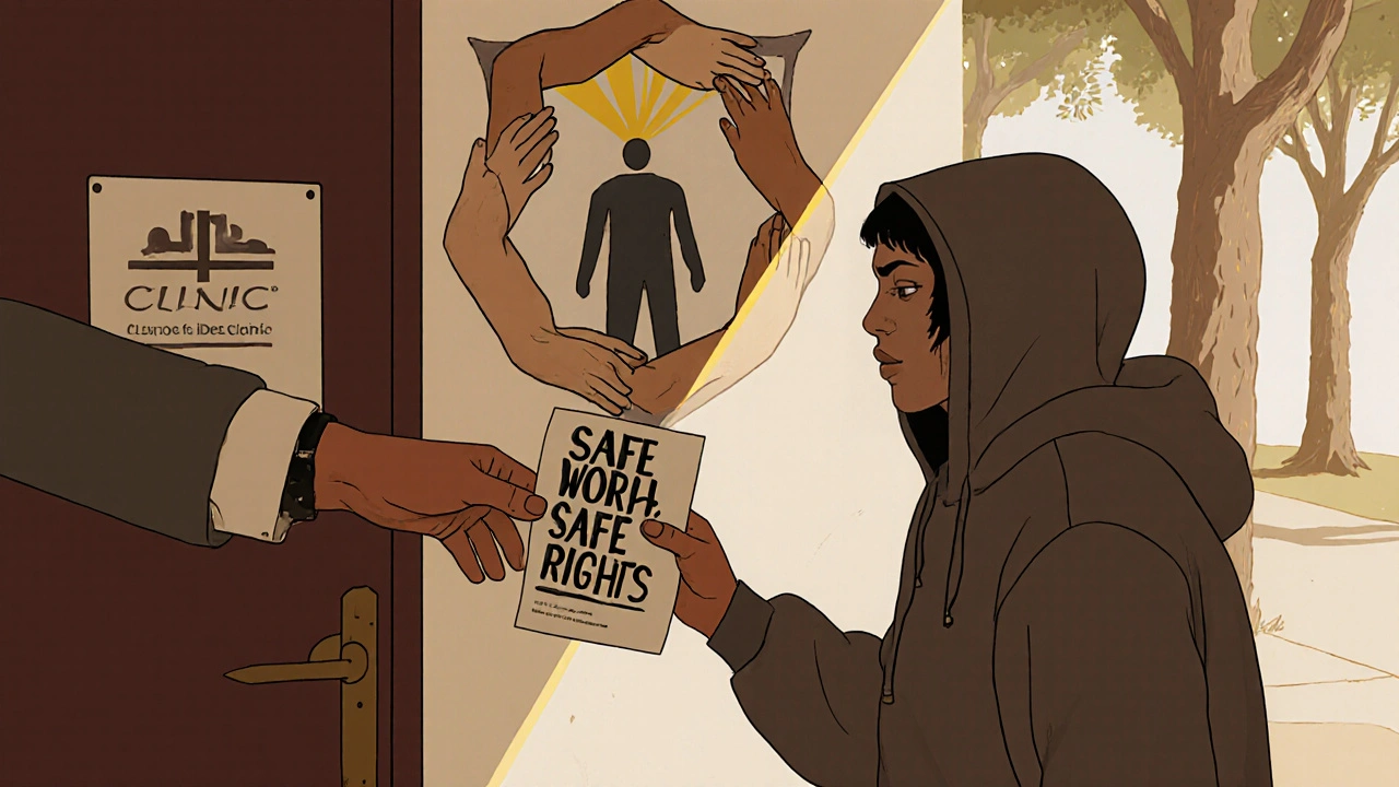 A person receiving support materials from a clinic door, surrounded by symbolic imagery.