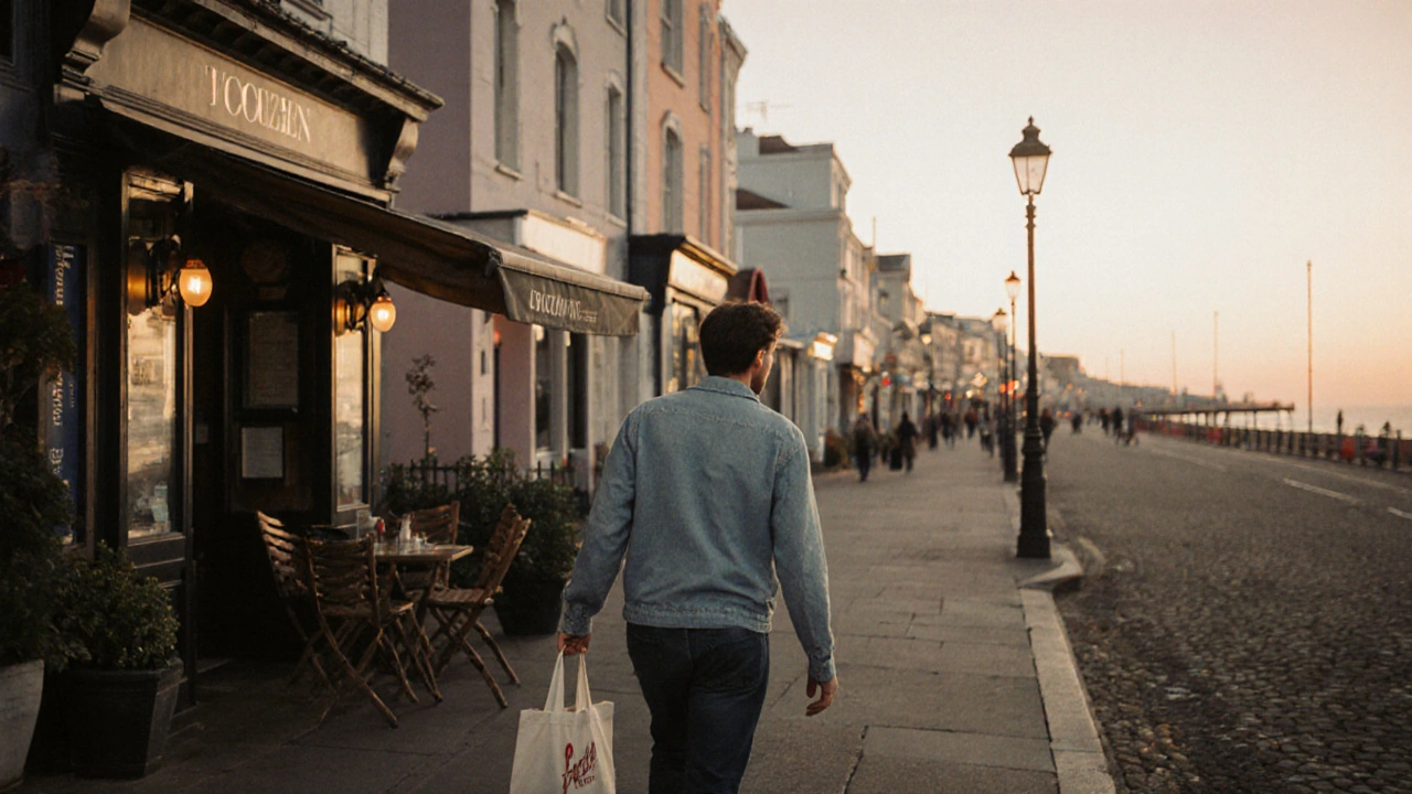 A person walking away from a Brighton café after a first meeting, seaside backdrop at dusk.