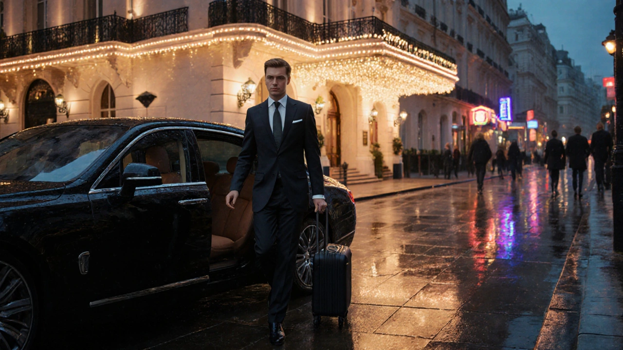 A professional companion arriving at a luxury hotel in Mayfair, London, at night.