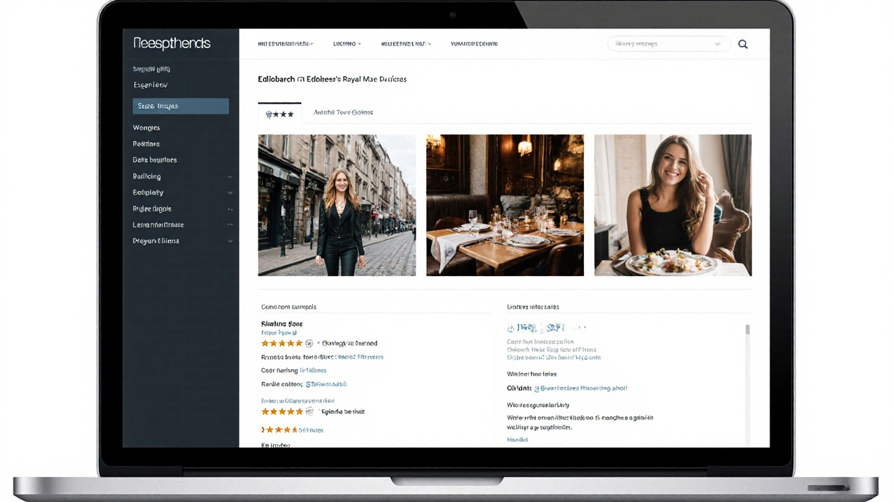 A professional escort&#039;s verified profile with authentic photos and reviews on a laptop screen.