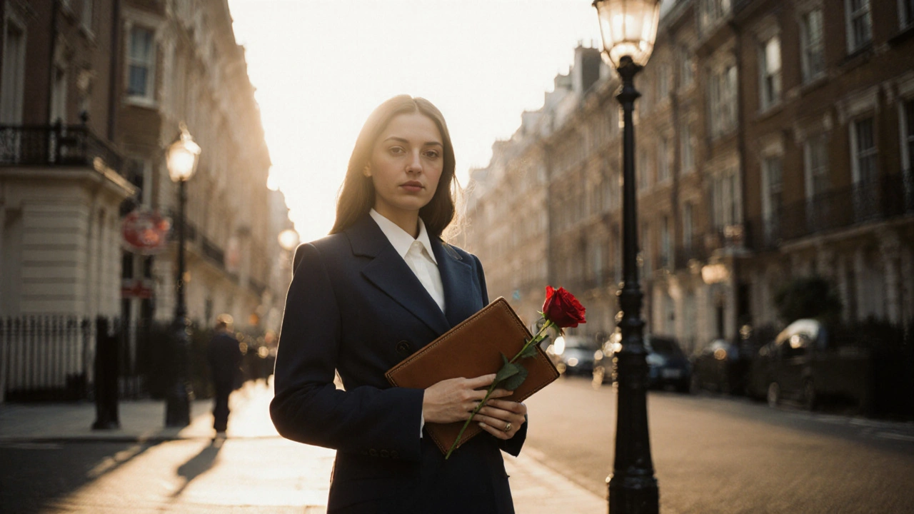 A professional woman in a navy coat stands outside a Mayfair townhouse holding a notebook and a rose.