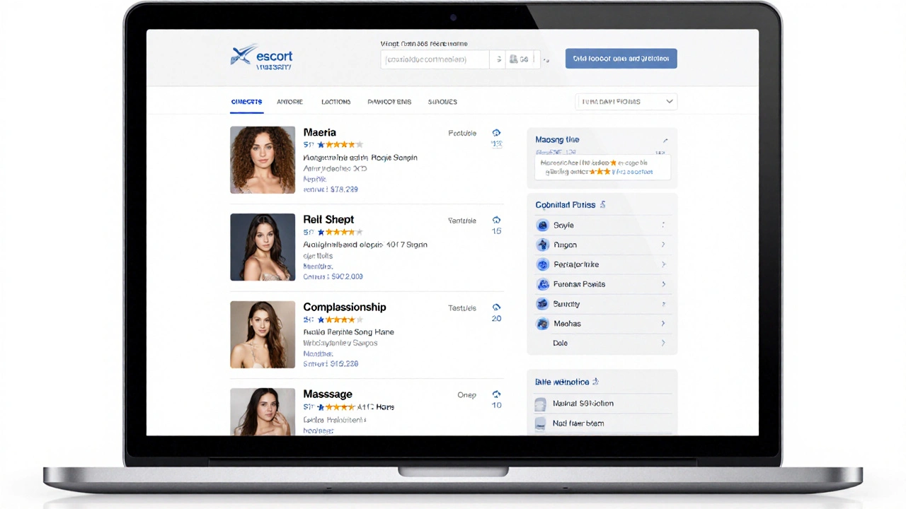 A verified escort directory interface showing real reviews, location filters, and clear service options.