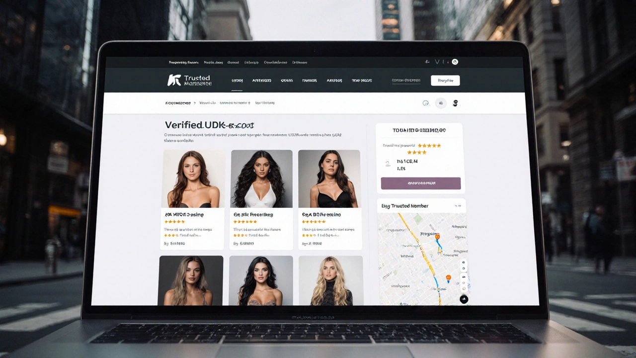 A verified escort directory profile page on a laptop with real photos and trust badges.