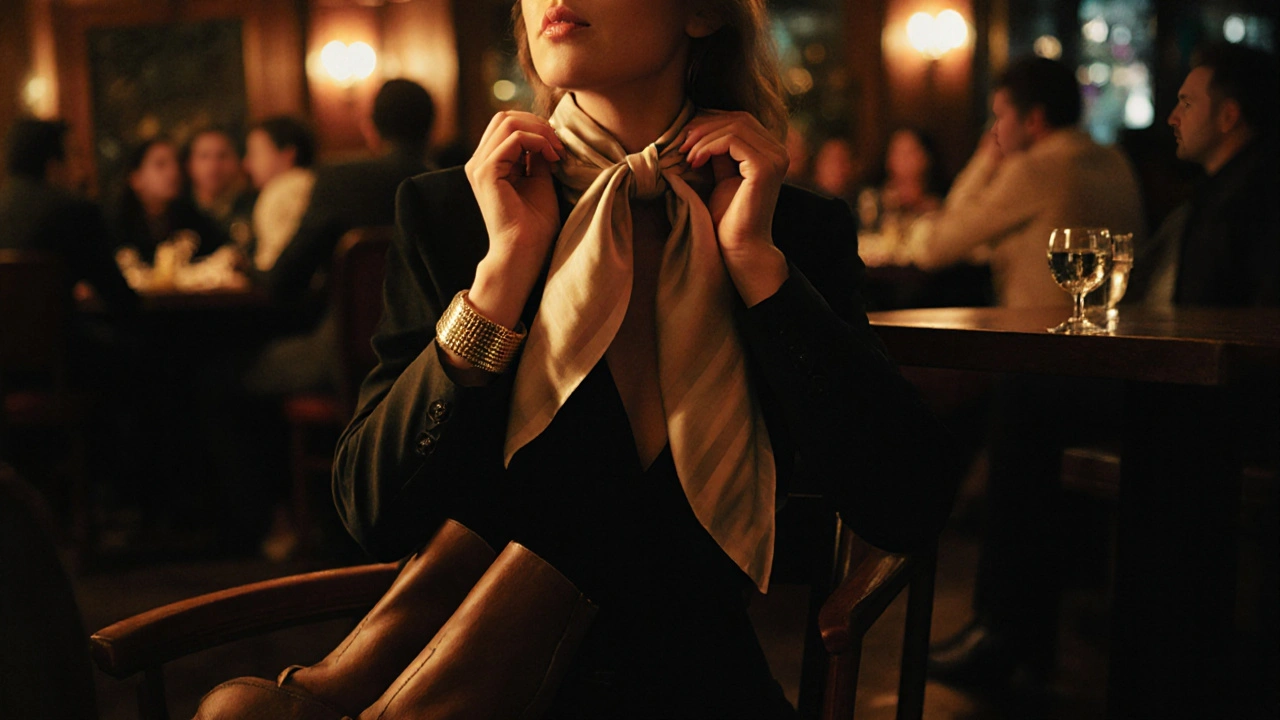 A woman’s hands adjust a silk scarf in a dim bar, with gold cuff and block heels visible, soft lighting and blurred surroundings.