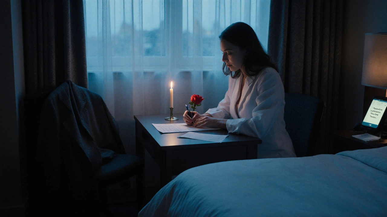 A woman writing a note at dawn in a hotel room, a rose and folded receipt beside her.