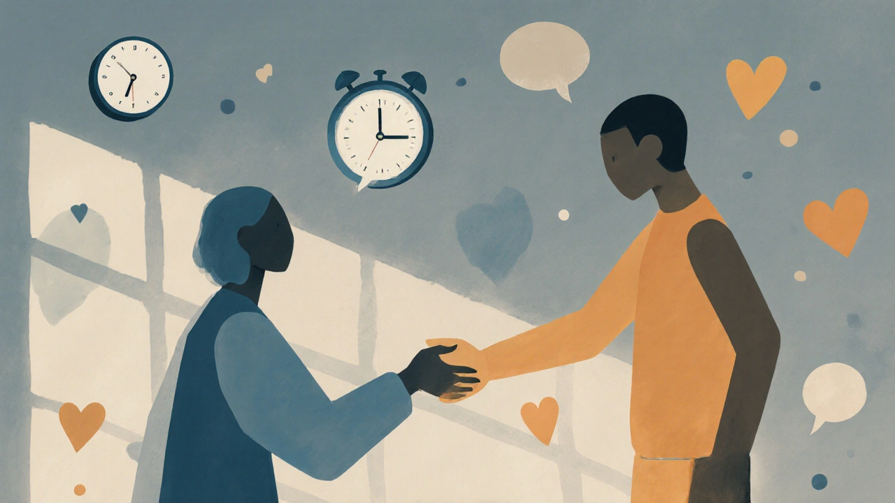 Abstract figures meeting in a peaceful space, symbolizing trust and human connection.