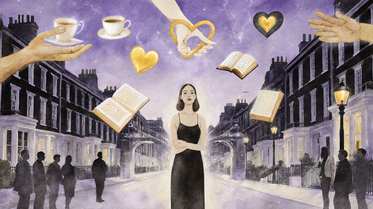 An artistic London streetscape with abstract symbols of connection, centered on a confident plus-sized woman.