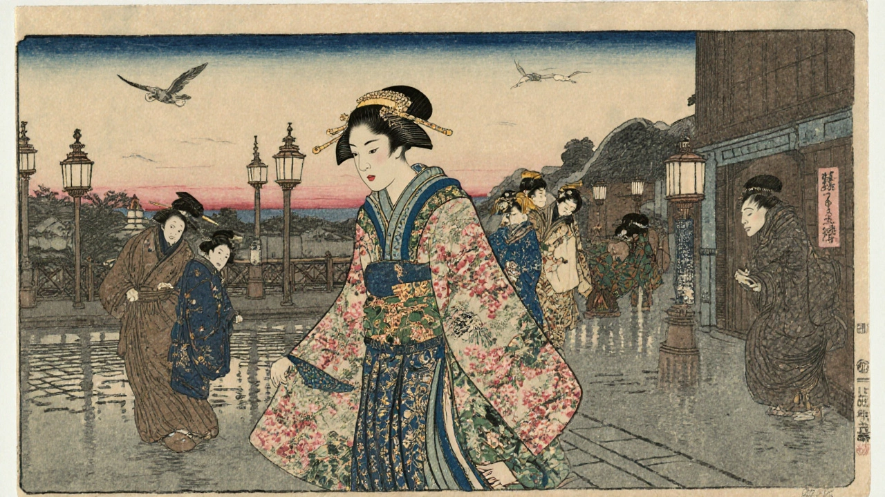 An Edo-period oiran in elaborate kimono walking through Yoshiwara, inspiring fashion trends among onlookers.
