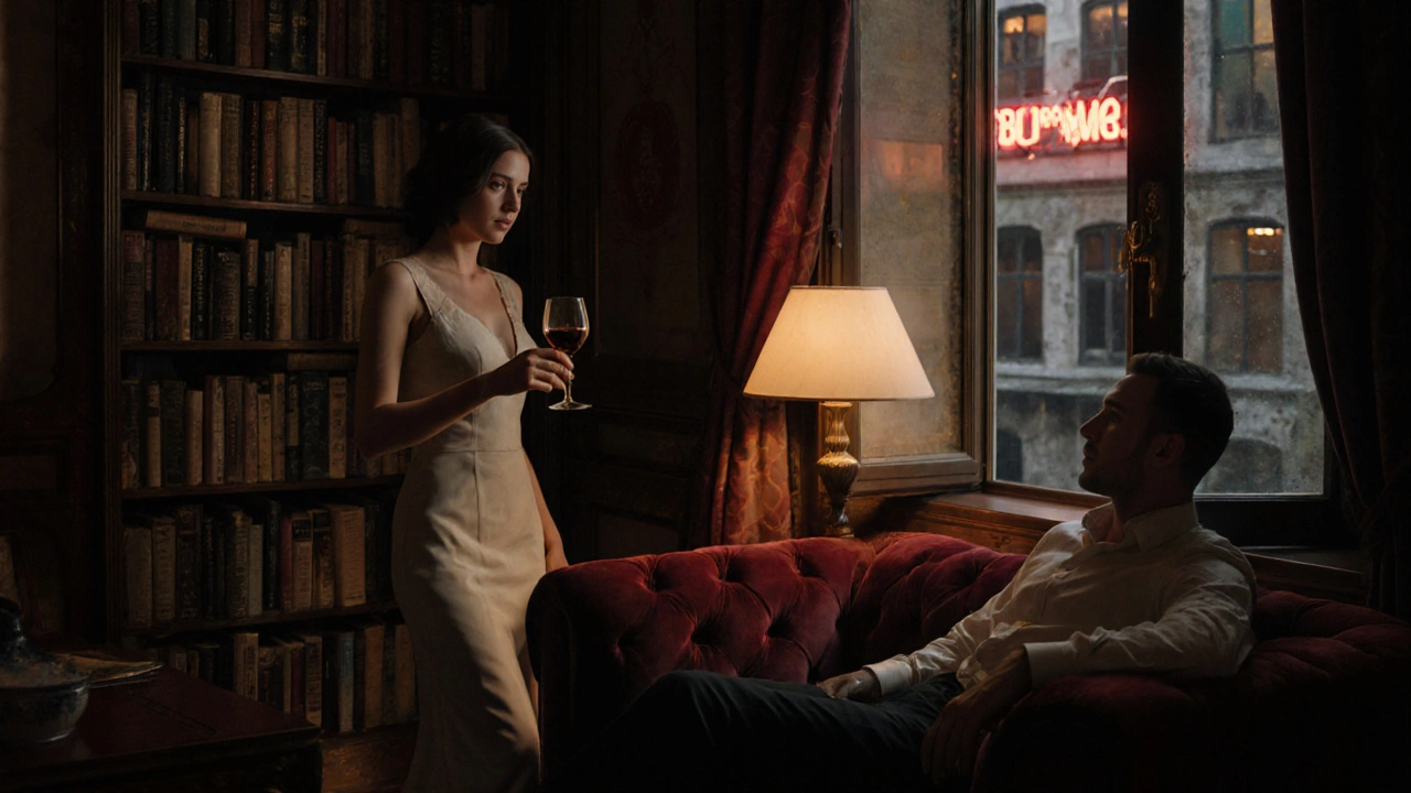 An elegant woman pouring wine in a Budapest Art Nouveau apartment, warm lamplight and books around.