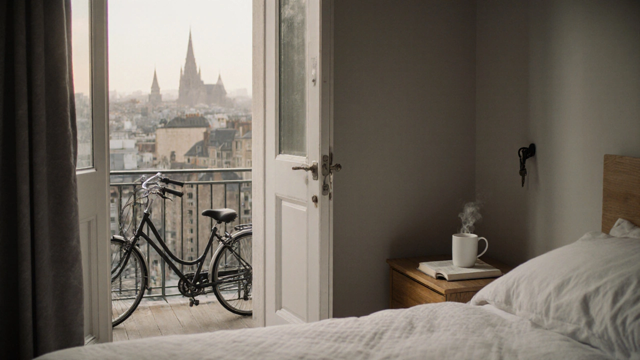 An empty but welcoming Airbnb bedroom in Poplar, with a mug, book, and key on a nightstand.