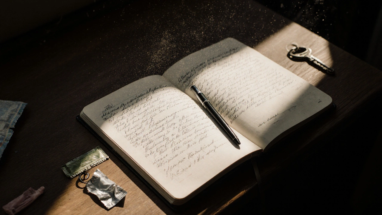 An open journal with handwritten notes, condom wrapper and keychain beside it on a wooden desk.