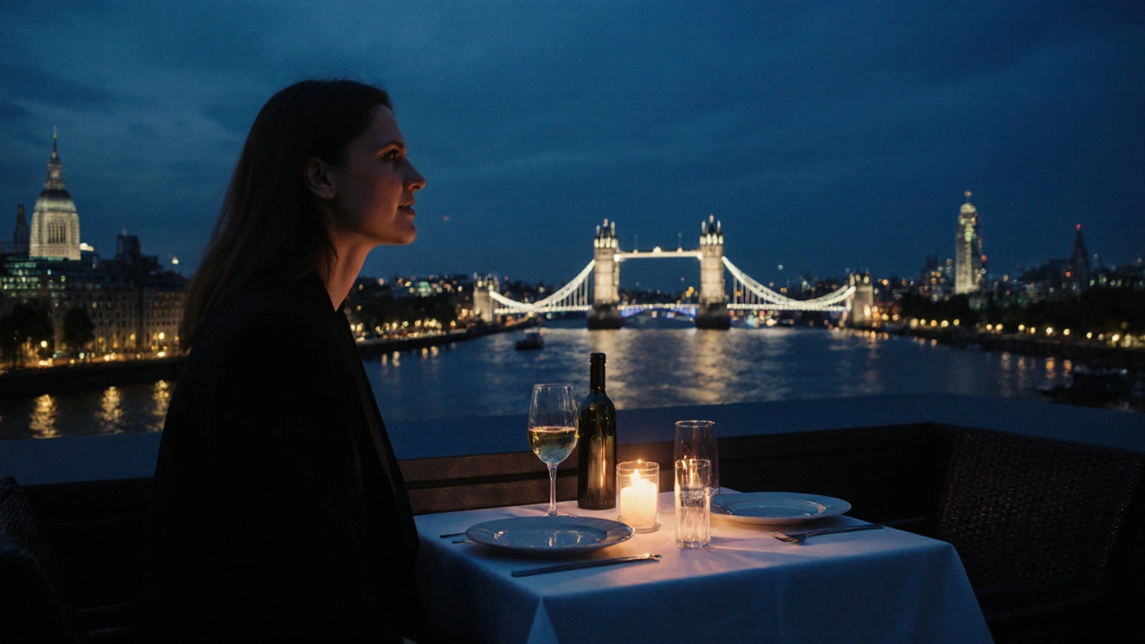 Candlelit rooftop dinner in London with views of the Thames at dusk, elegant and private.