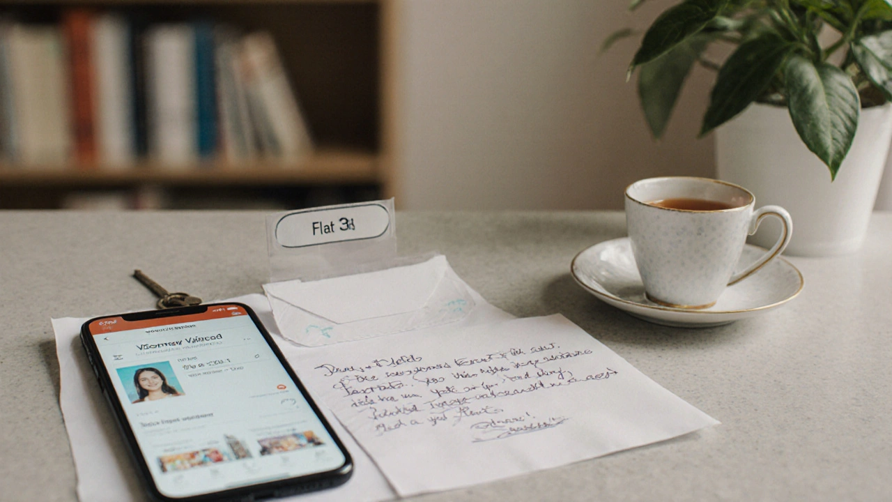 Cash envelope and key next to a smartphone showing a verified escort profile on a kitchen counter.