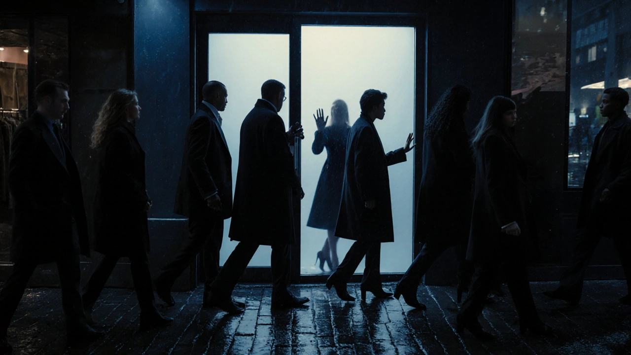 Clients leave a discreet London escort residence at night, greeted by rain and warm doorlight.