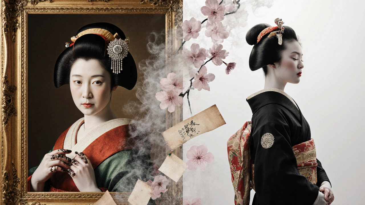 Conceptual dual portrait comparing a Venetian courtesan and a Kyoto geisha, symbolizing their artistic legacies.