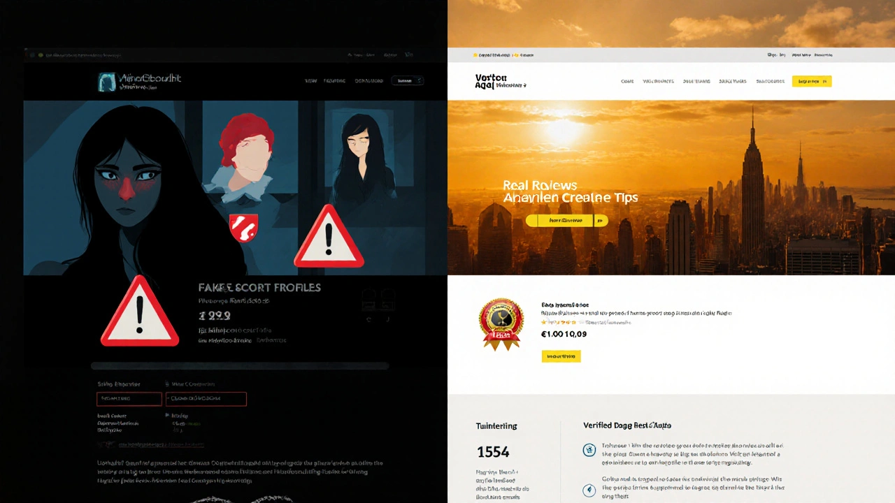 Contrasting images of a suspicious online profile versus a verified escort website.