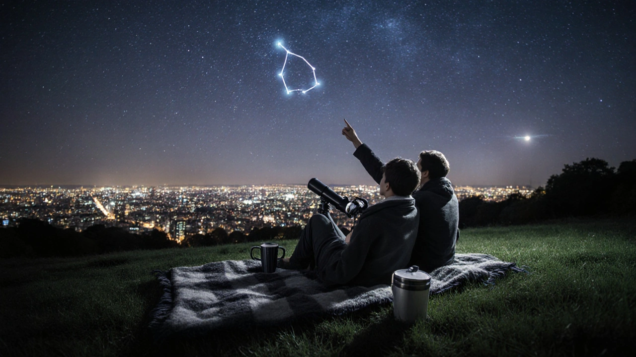 Couple stargazing on Primrose Hill at night, telescope and blanket under a star-filled sky.