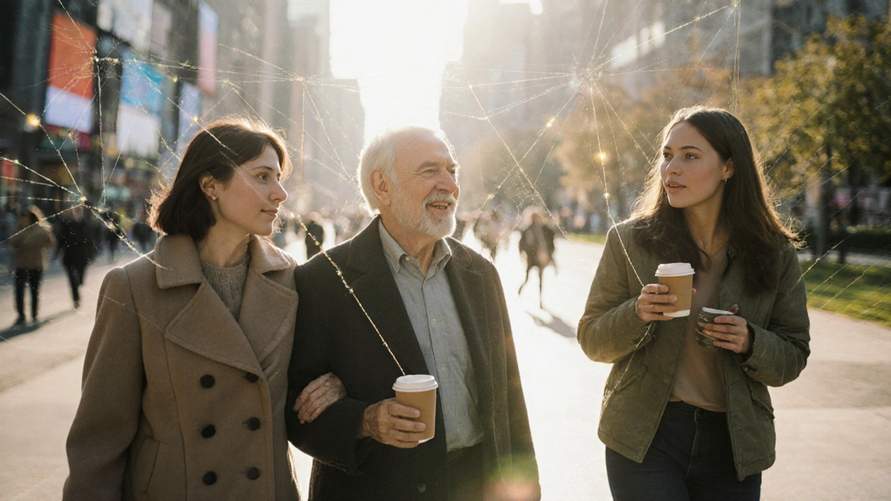 Diverse individuals receiving compassionate companionship in everyday settings like parks and cafés.