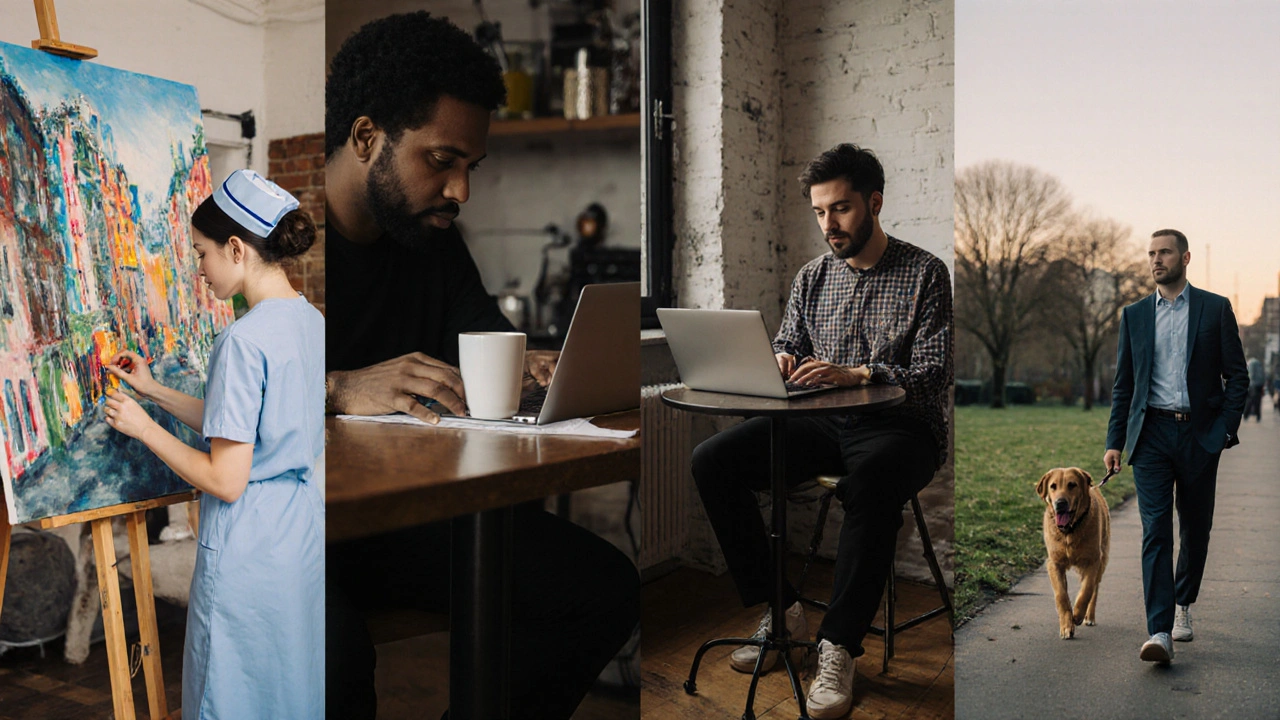 Diverse professionals in East London—artist, nurse, writer, and musician—each in their daily element.