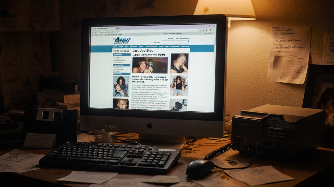 Early 2000s computer screen displaying a basic escort website with pixelated photos and phone number.