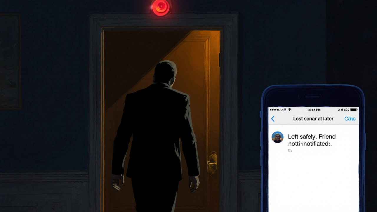 Figure walking away from hotel door as hidden camera glows faintly, symbolizing safety and awareness.