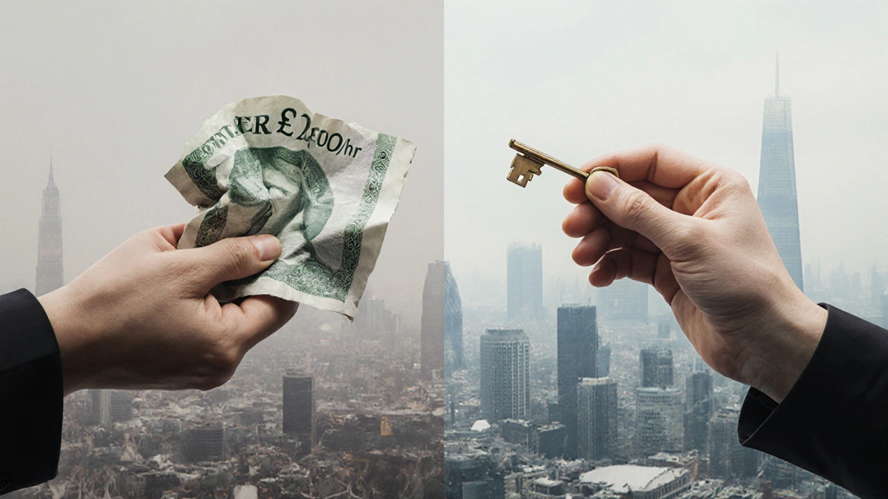 Floating hands holding contrasting money and a key, with London skyline shifting from fog to clarity.