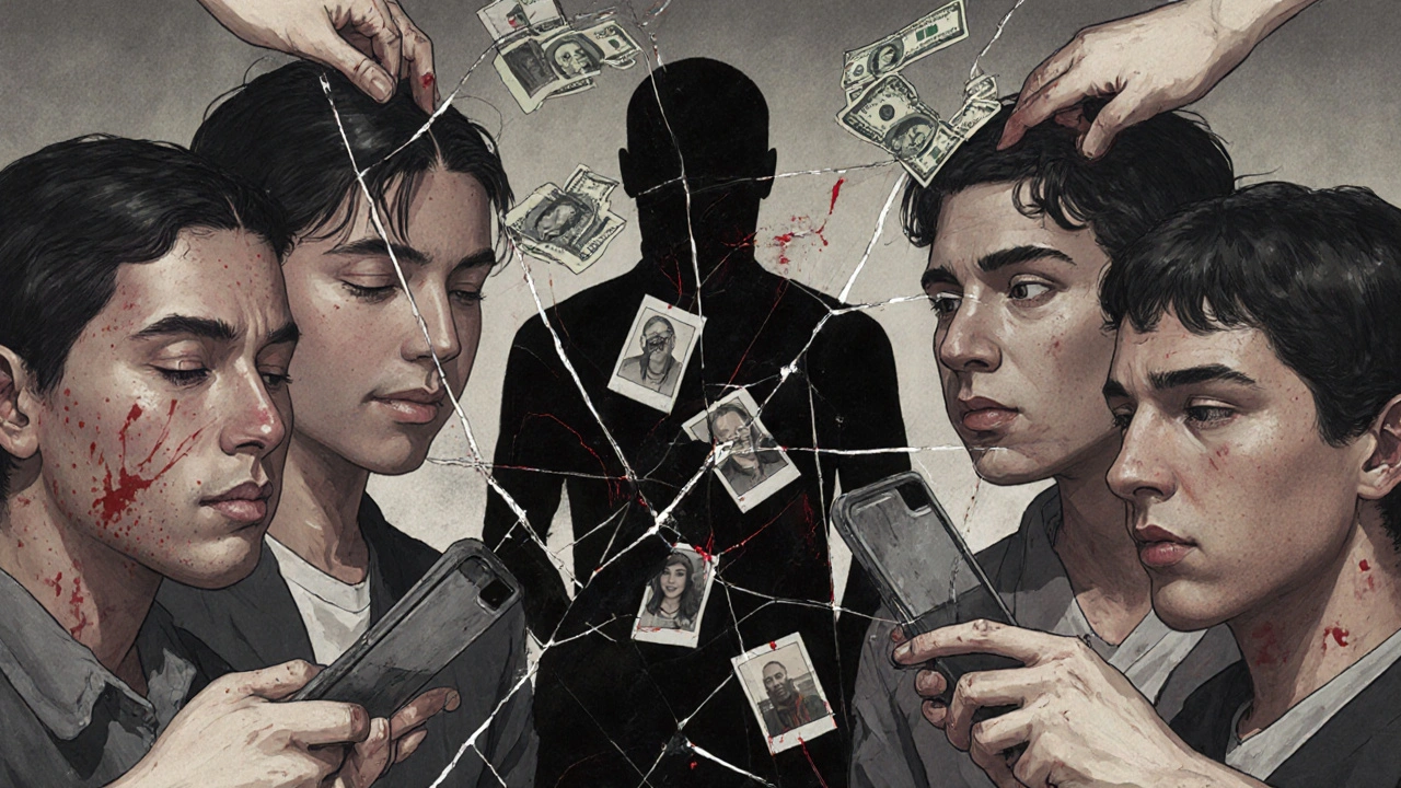 Fractured mirror reflecting victims of trafficking with shadowy hands passing money and fake photos.