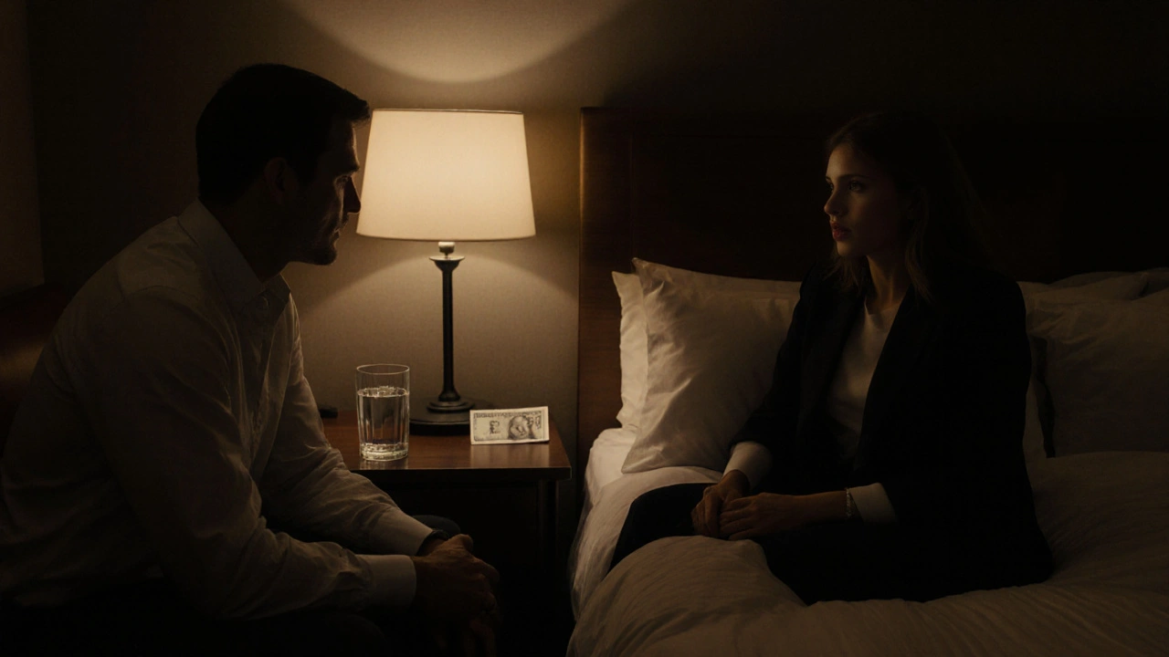 Man and woman having a quiet, respectful conversation in a hotel room at night.