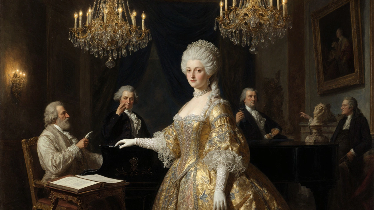 Marquise de Pompadour in a French salon, surrounded by Enlightenment thinkers, exuding cultural authority.