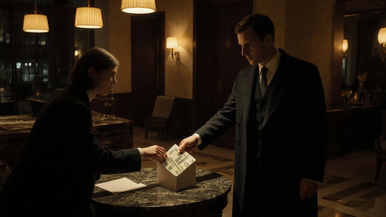 Person handing cash to an escort in a hotel lobby, both maintaining respectful distance.