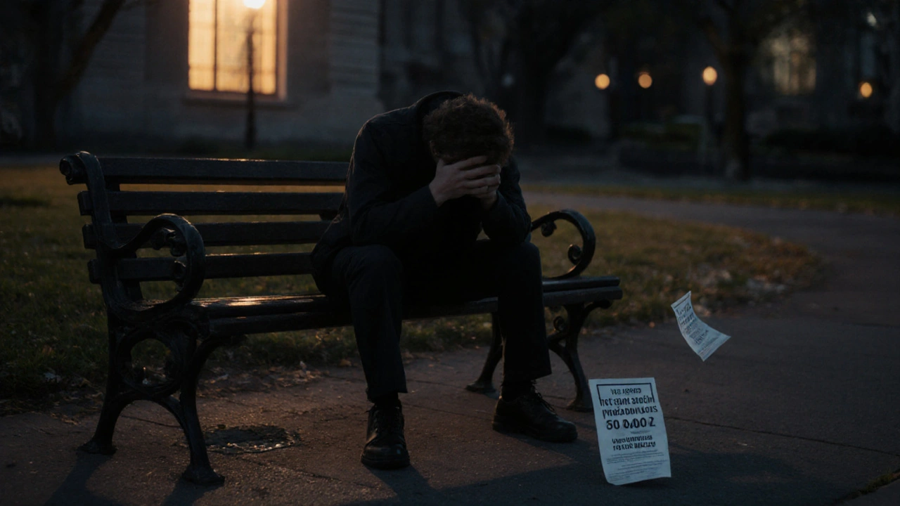 Person on a park bench at dusk, library light nearby, crisis hotline flyer on the ground.
