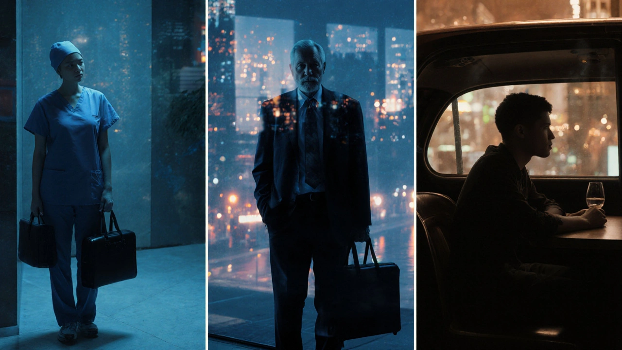 Silhouettes of diverse individuals in urban settings, symbolizing loneliness and emotional isolation at night.