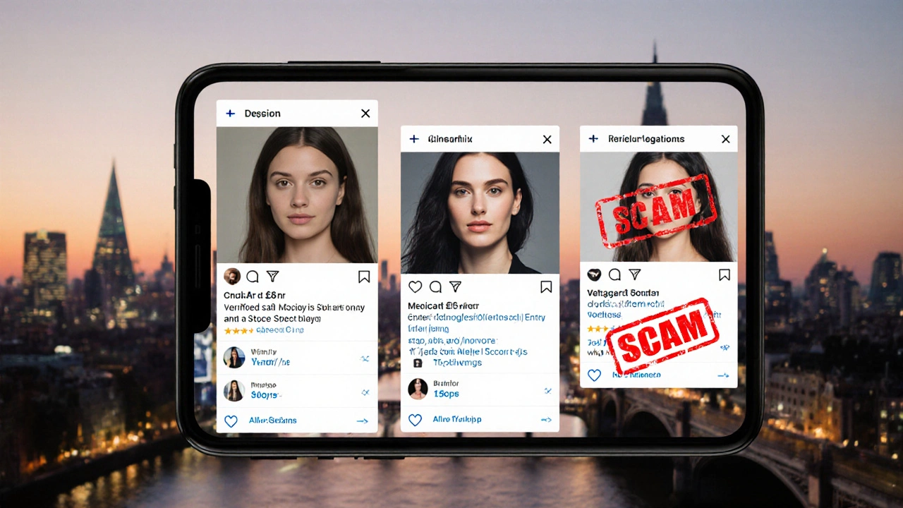 Smartphone screen showing three escort profiles — one flagged as scam, one verified, one blurred and suspicious.
