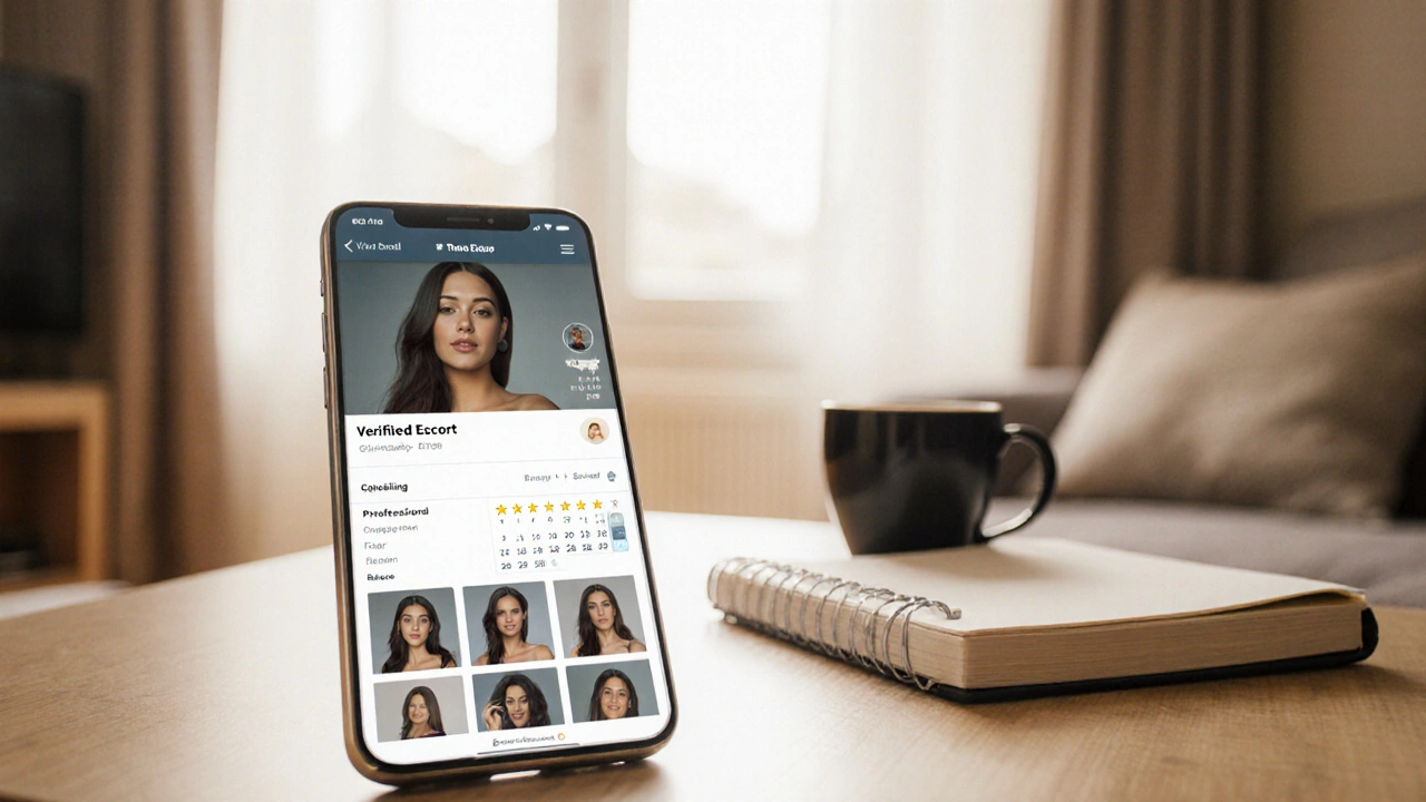Smartphone showing a modern escort app profile with verified photos, ratings, and secure messaging.