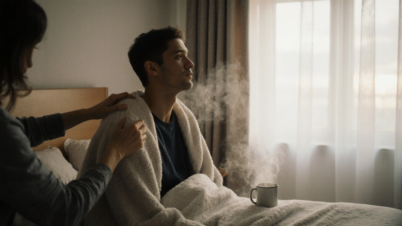 Someone being gently covered with a blanket in a peaceful bedroom after a shared moment.