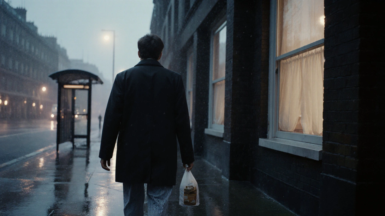 Someone walks away from a London flat at dawn, holding coffee, glancing back at a dark window.