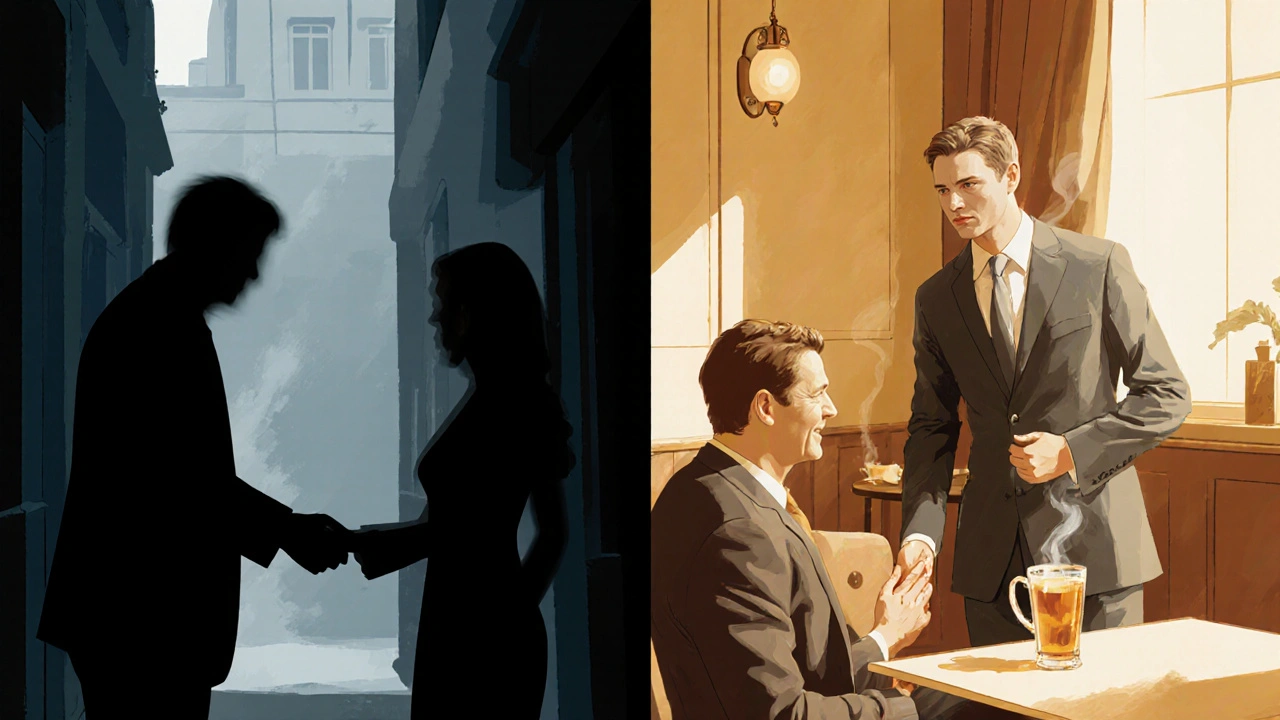 Split image: shadowy transaction in alley vs. respectful meeting in a warm, clean lounge.