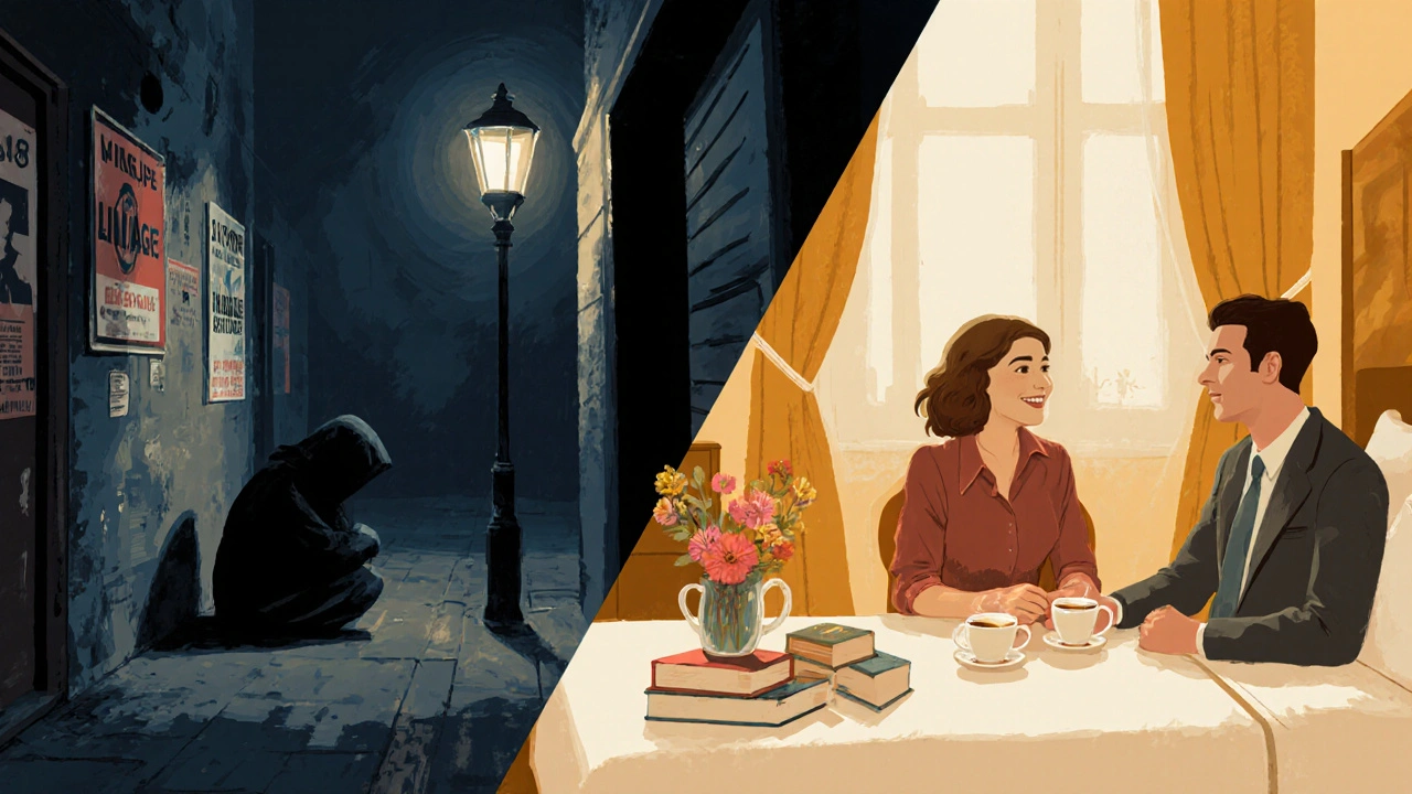 Split scene: a dark alley with suspicious ads versus a warm hotel room with tea and conversation.