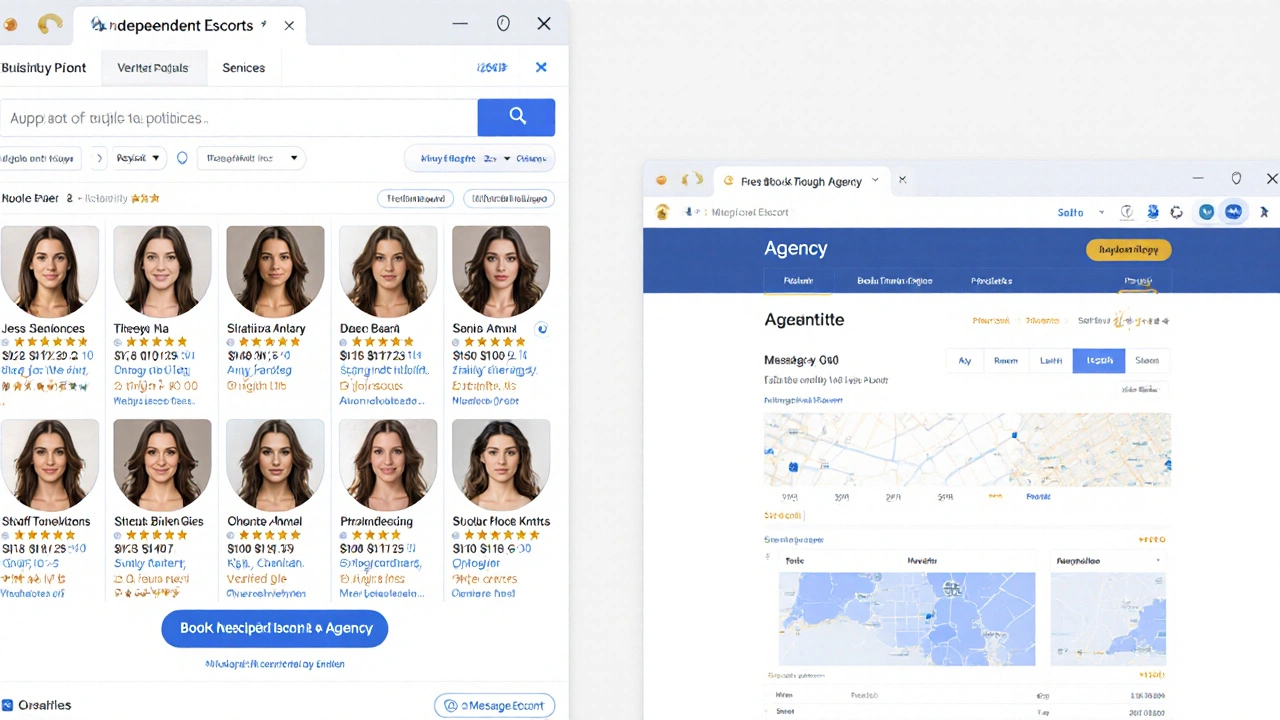 Split-screen comparison of independent escort directory versus agency platform.