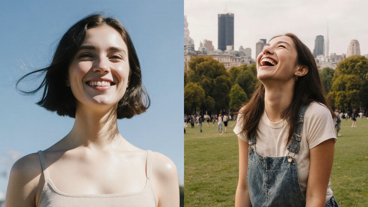 Split-screen: fake edited profile vs. authentic candid photo of a woman in a London park.
