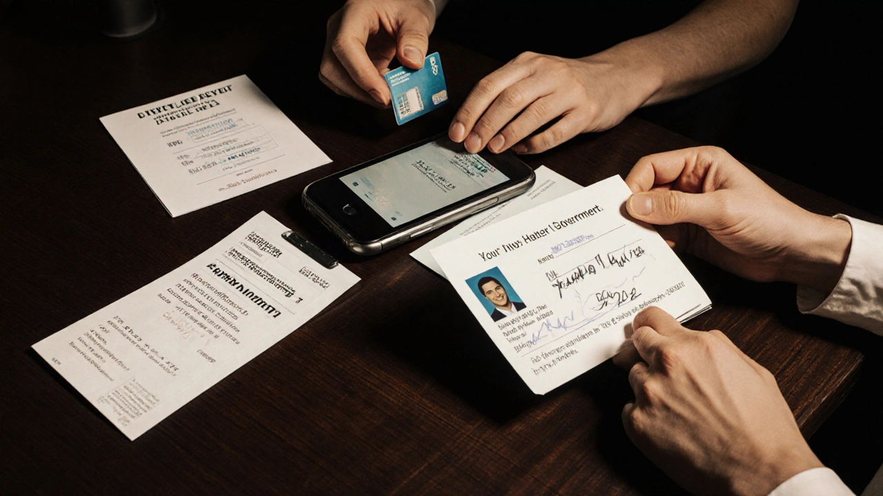 Tabletop scene with burner phone, hotel keycard, and ID card with handwritten date for verification.