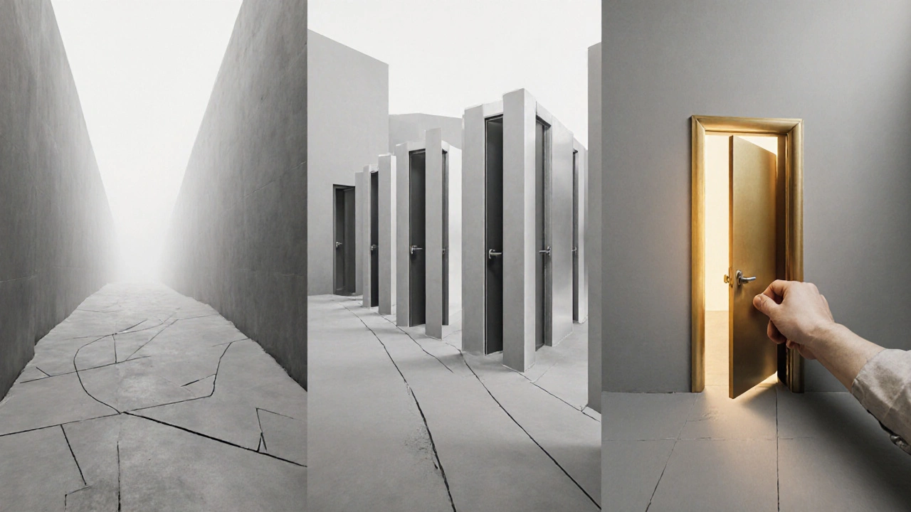 Three abstract paths symbolize the outcomes of a booty call: fading away, repeating, or a glowing door of possibility.