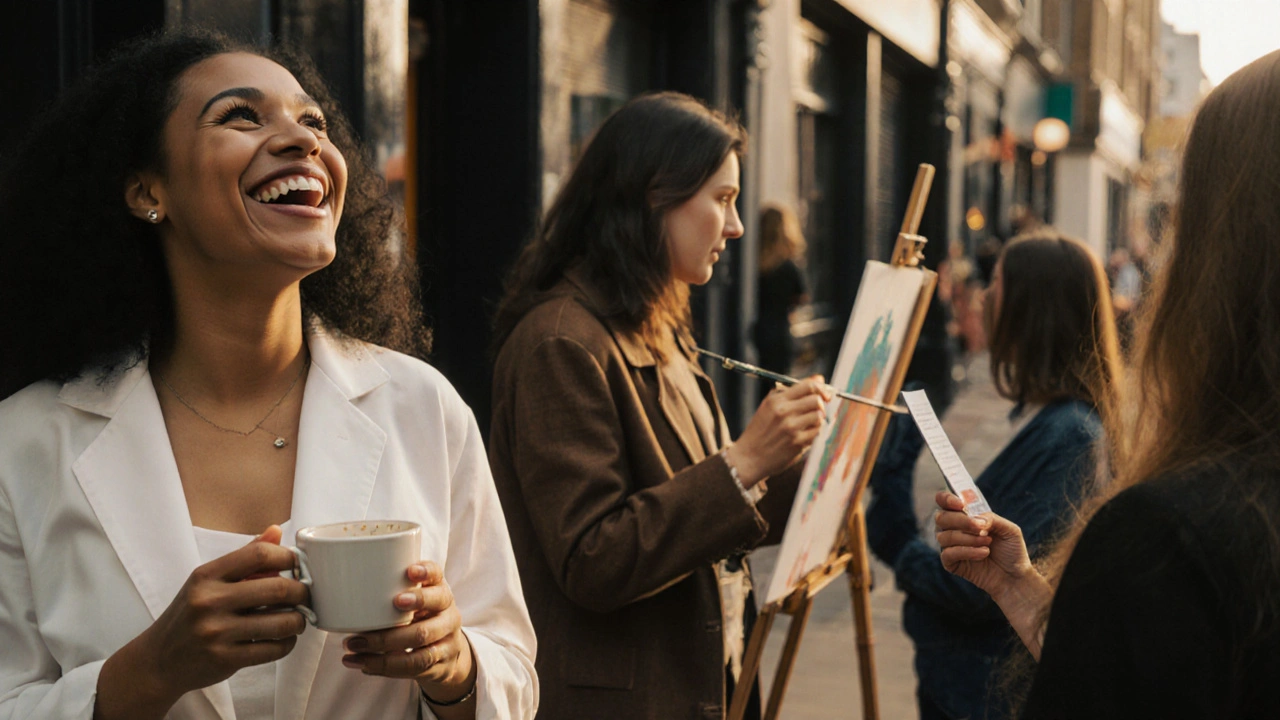 Three BBW escorts in London neighborhoods engaged in everyday creative activities, radiating confidence and authenticity.