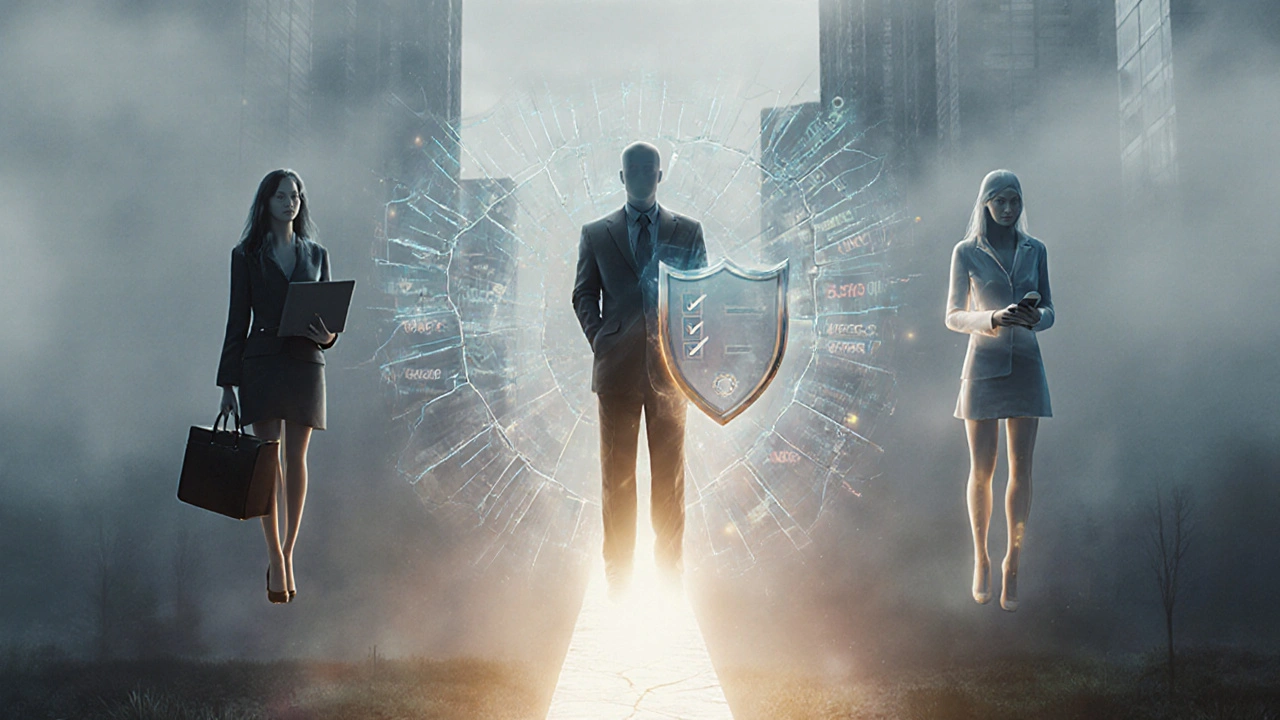 Three symbolic figures represent different escort services in a misty city, with a path of light ahead.