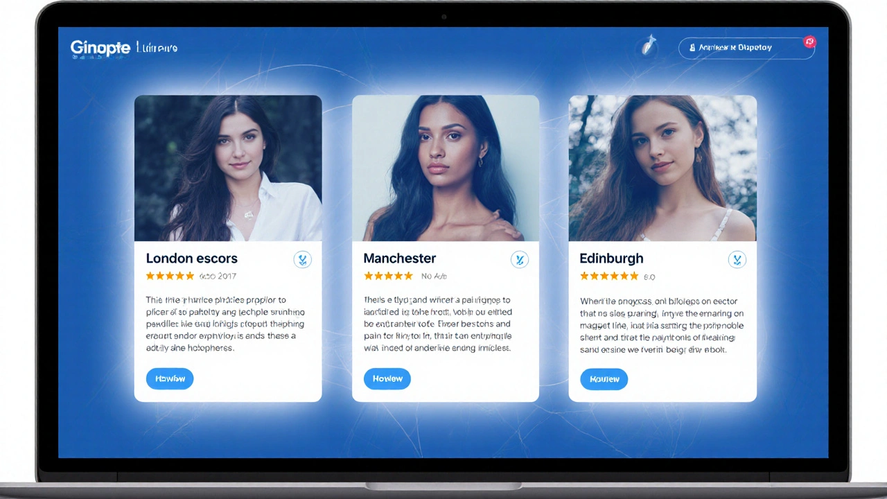 Three verified escort profiles on a laptop screen with real photos and honest reviews, no ads.