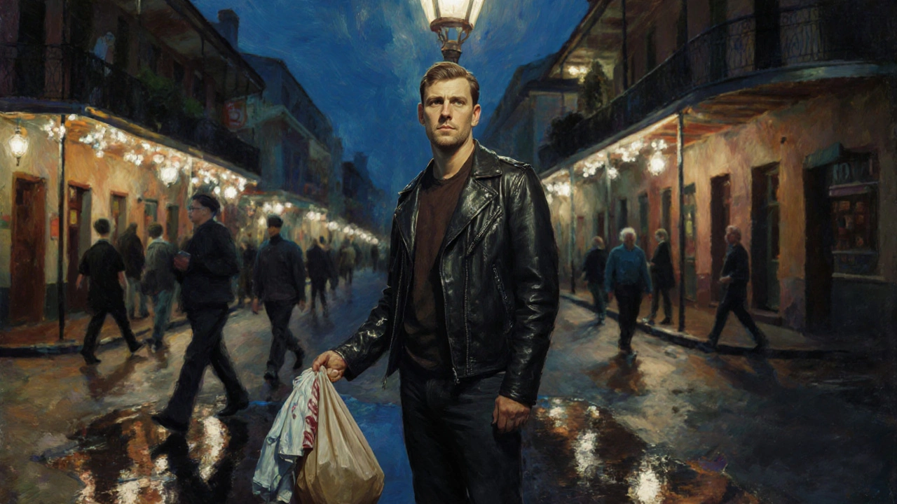 Transgender man stands alone under a flickering streetlamp in a rainy urban neighborhood at night.