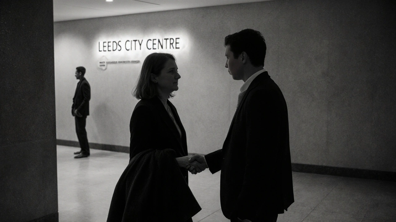 Two anonymous figures exchanging a respectful nod in a quiet hotel lobby, suggesting a discreet meeting.